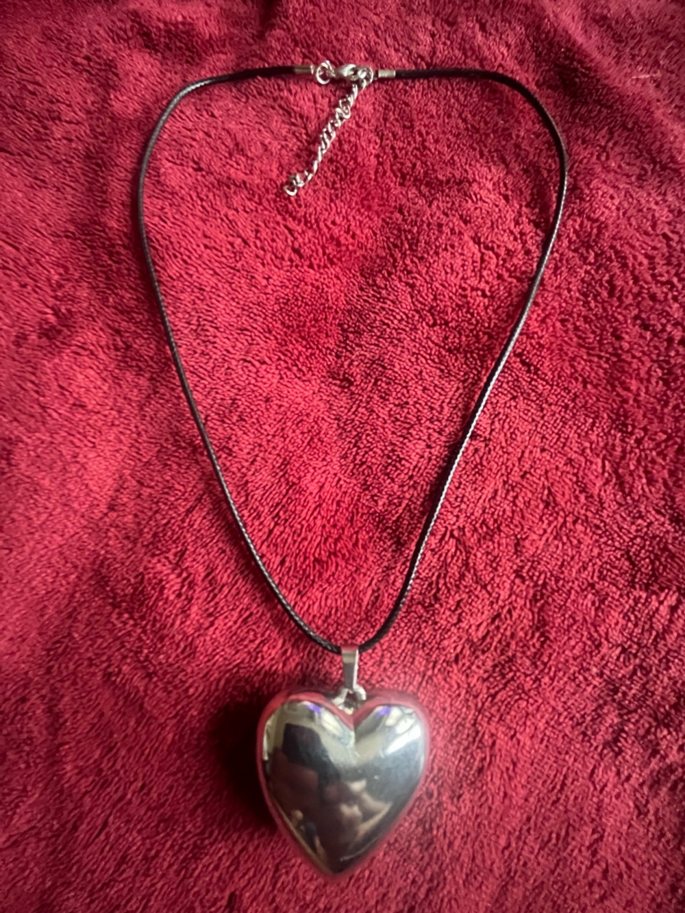 Upcycled Polished Silver Heart Pendant Necklace on Black Wax Cord Sustainable - Picture 2 of 4